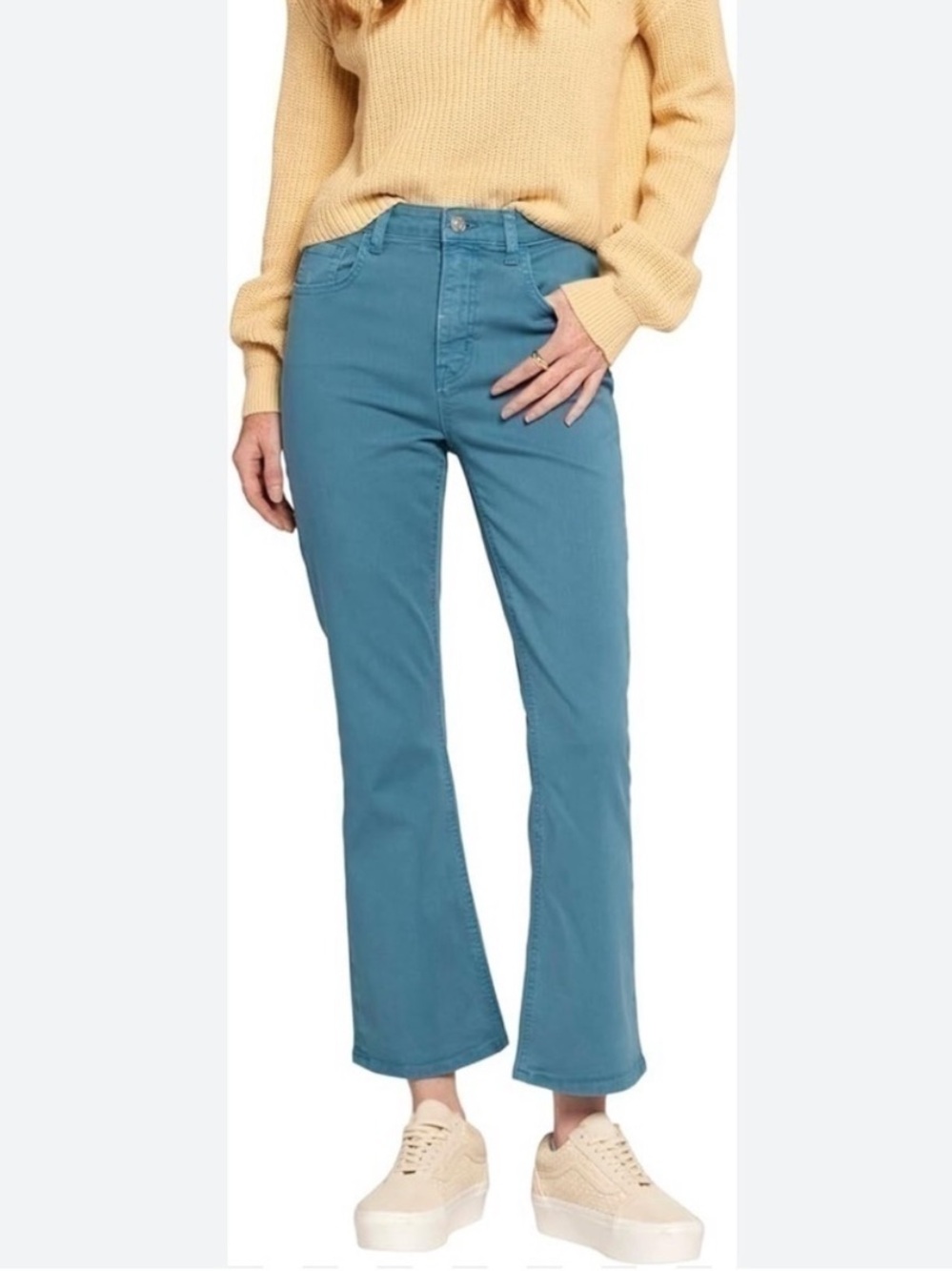 New CURRENT/ELLIOTT The Boulevard Storm Teal Cropped Flare Jeans